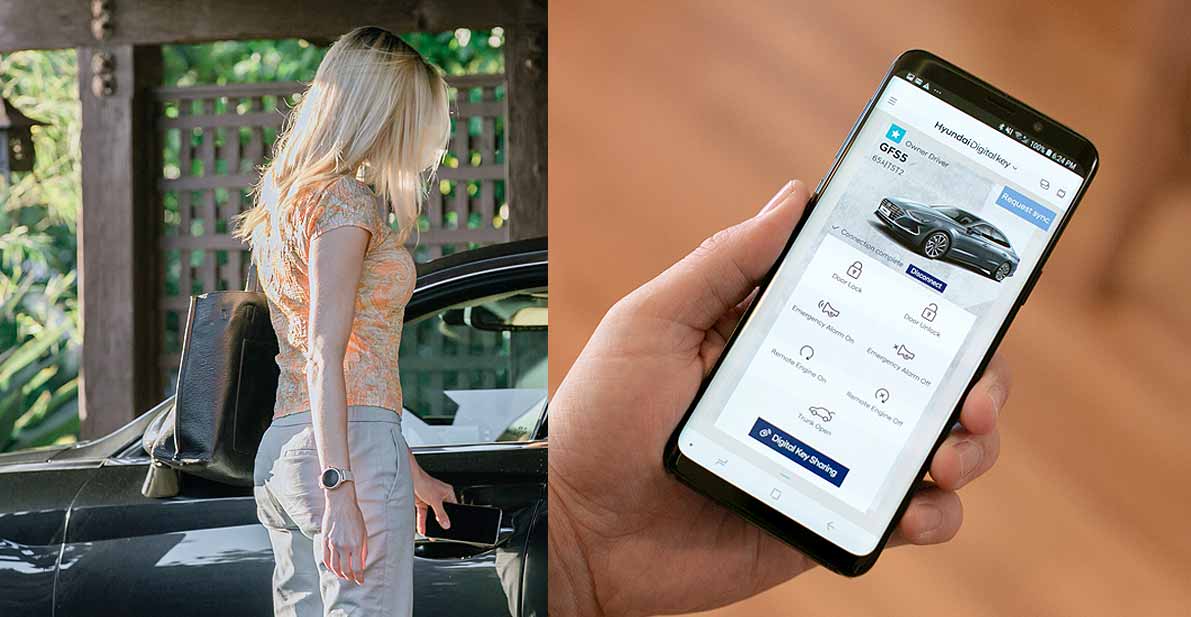 A woman opening a car door with a digital key