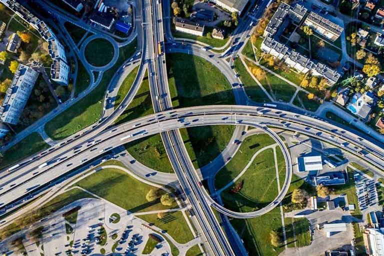 Overview of busy road junction